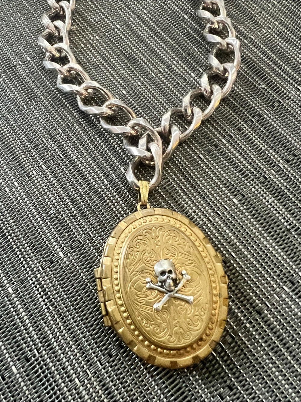 Unique Vintage Gold Locket Necklace with Silver Skull Accent